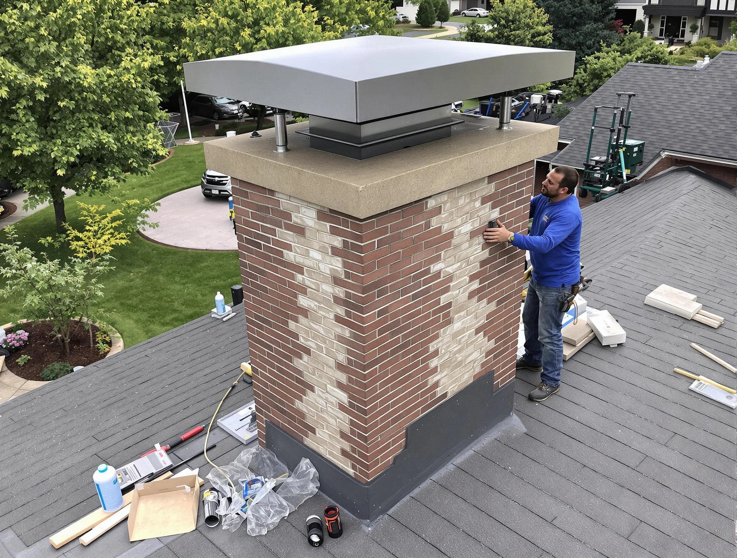 Corrales Chimney Sweep team working on a custom chimney remodel in Corrales, NM